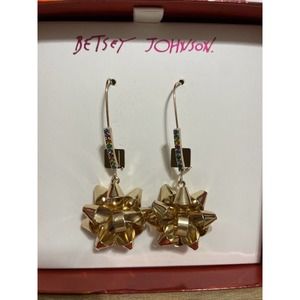 NWT BETSEY JOHNSON CHRISTMAS GOLD BOW DANGLE EARRINGS W/ COLORFUL RHINESTONES